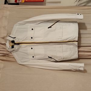 Andrew Marc New York Light rain coat jacket moto motorcycle hood white